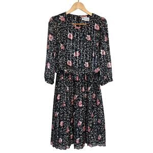 Damon Petite Vintage 80s Floral Midi Dress Size 12 Womens Black Pink Union Made